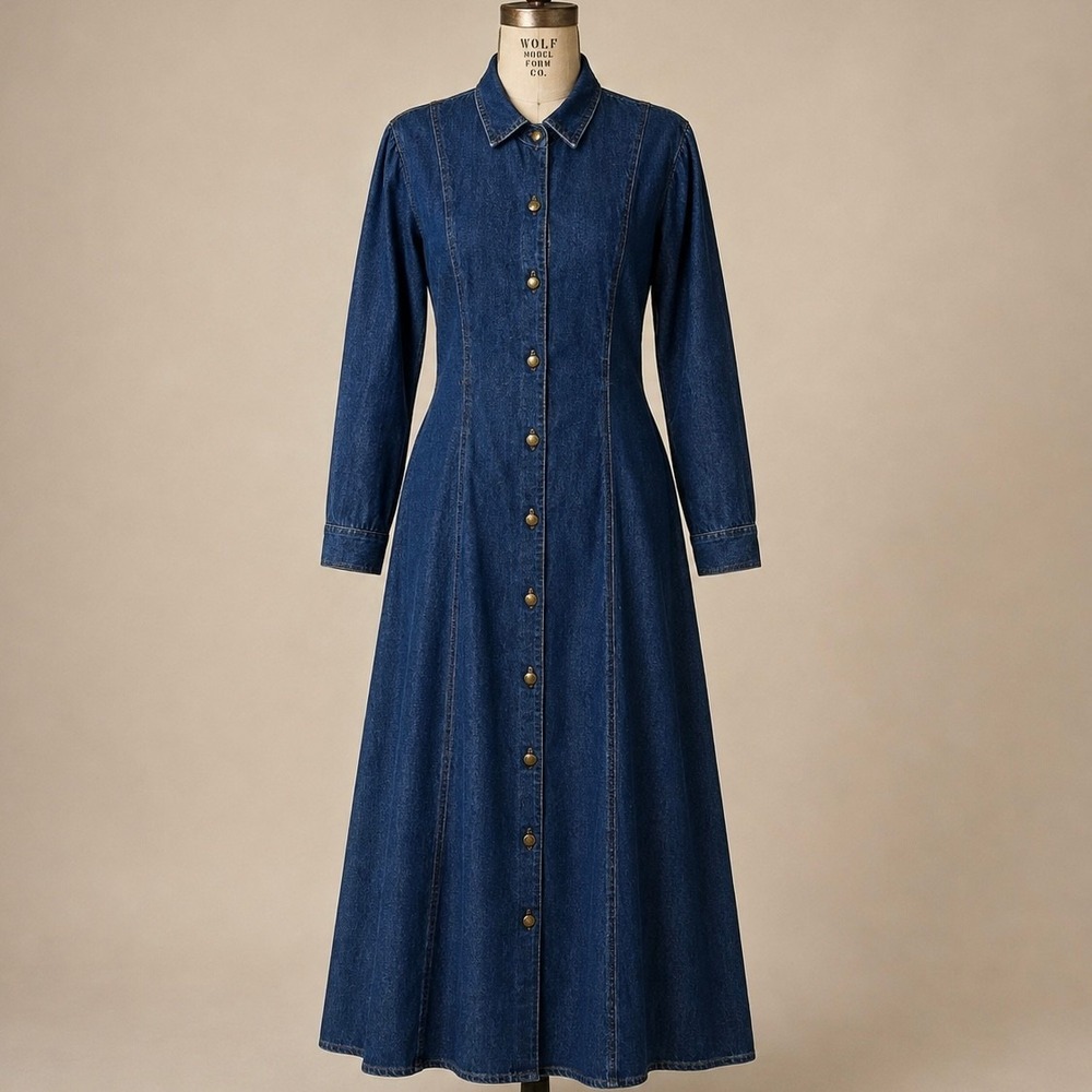 Nina Piccalino Vintage 90s Denim Maxi Dress 10 Blue Button Front Western Prairie